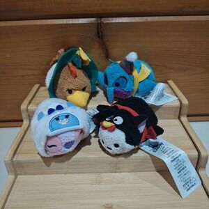 Set of 4 2018 Tsum Tsum 3" Plush Bundle Clara Cluck, Penguin Figaro, Flit, Angel
